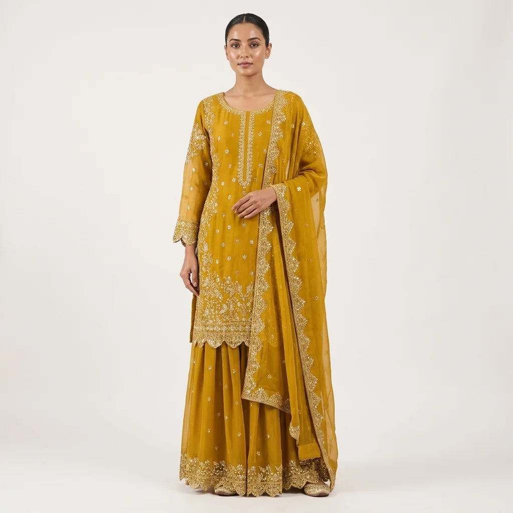 Mustard Yellow Heavily Embroidered Kurti Set Qatar