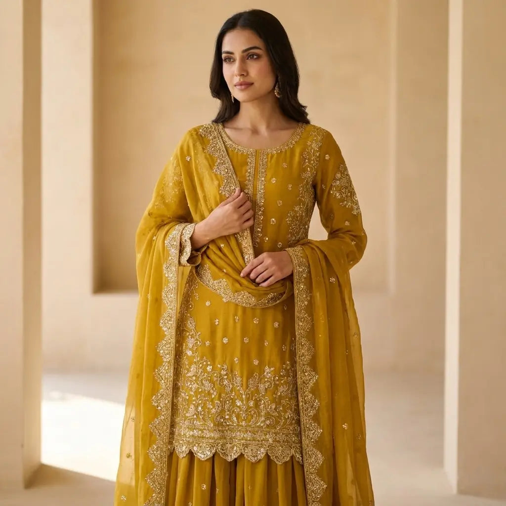 Mustard Yellow Heavily Embroidered Kurti Set Qatar