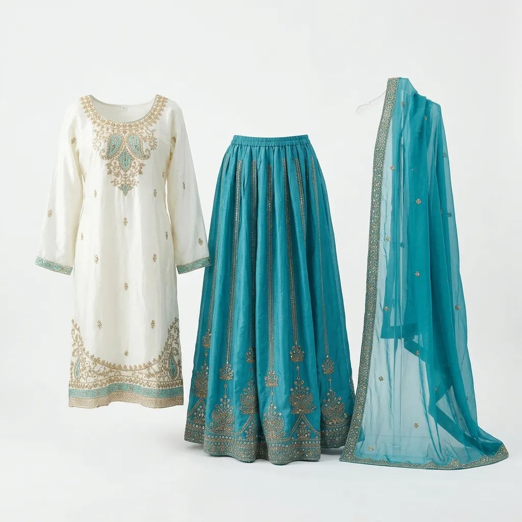 Off-White & Teal Blue Embroidered Gown Kurthi Set