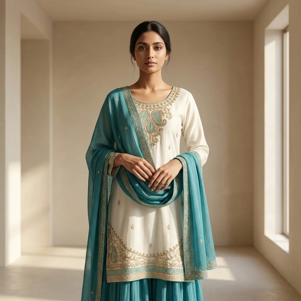 Off-White & Teal Blue Embroidered Gown Kurthi Set