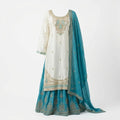 Off-White & Teal Blue Embroidered Gown Kurthi Set