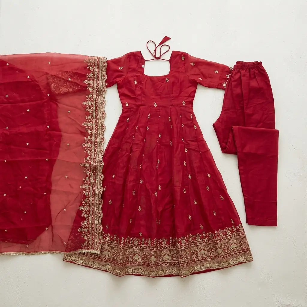 Rani Pink Embroidered Anarkali 3-Piece Kurti Set