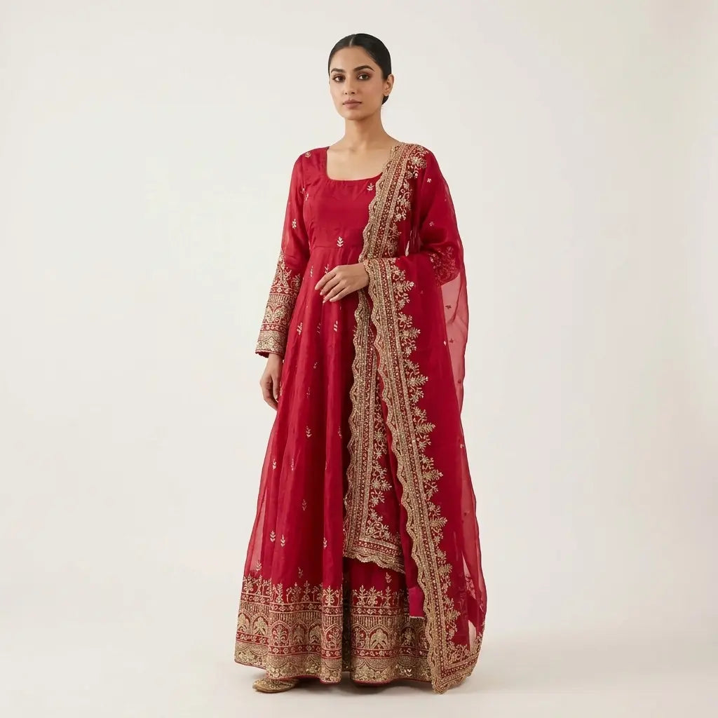 Rani Pink Embroidered Anarkali 3-Piece Kurti Set