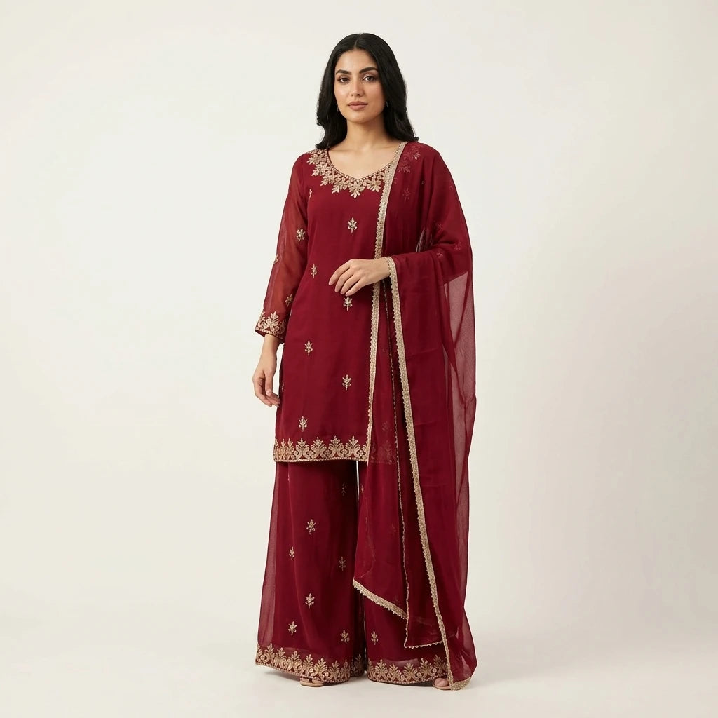 Red 90’s Georgette 3-Piece Kurthi Set