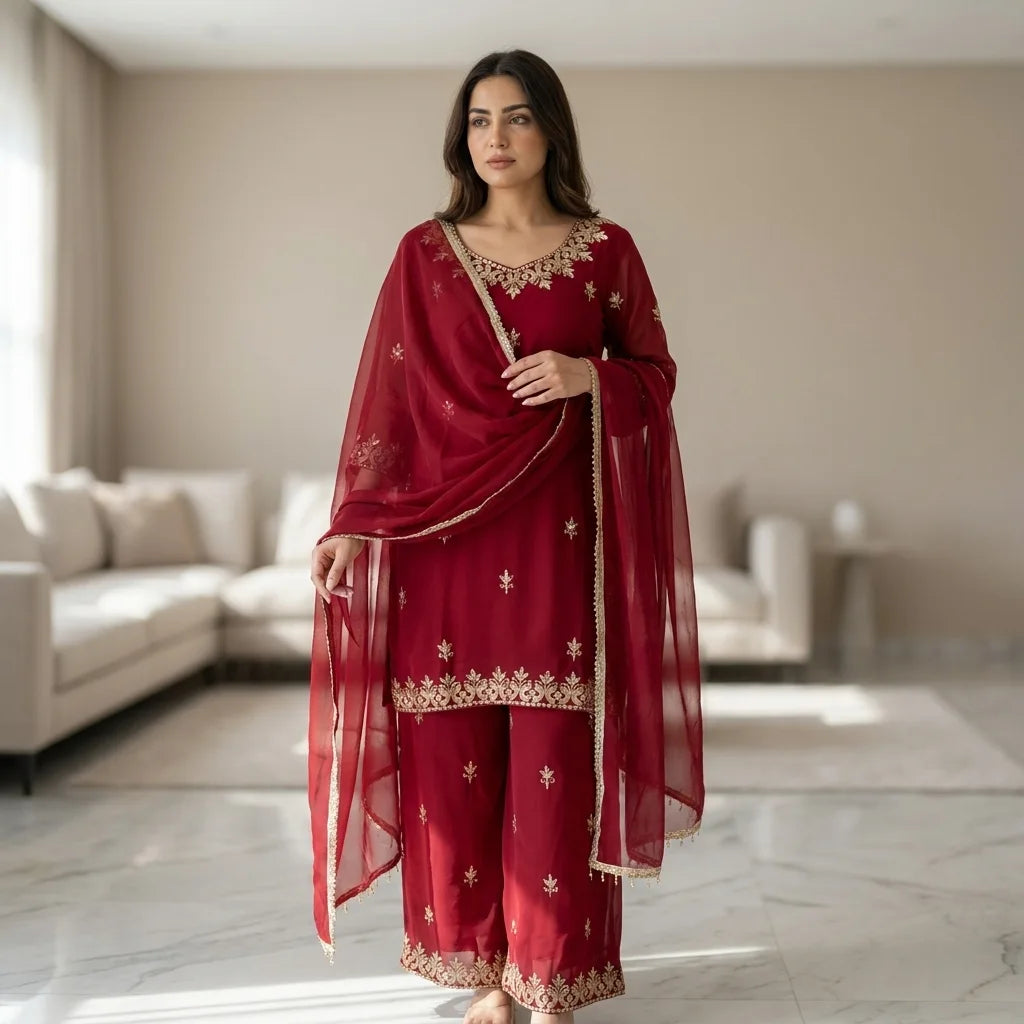 Red 90’s Georgette 3-Piece Kurthi Set
