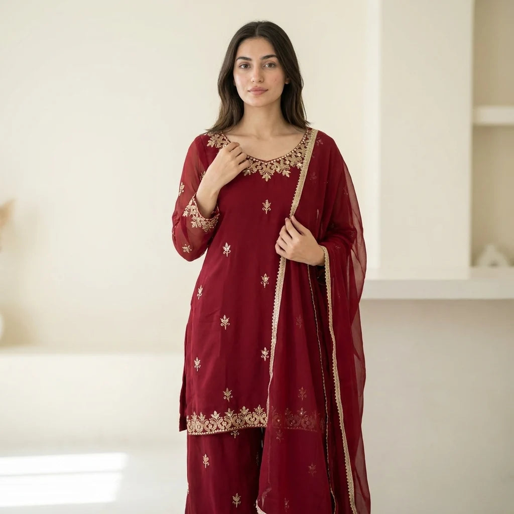 Red 90’s Georgette 3-Piece Kurthi Set