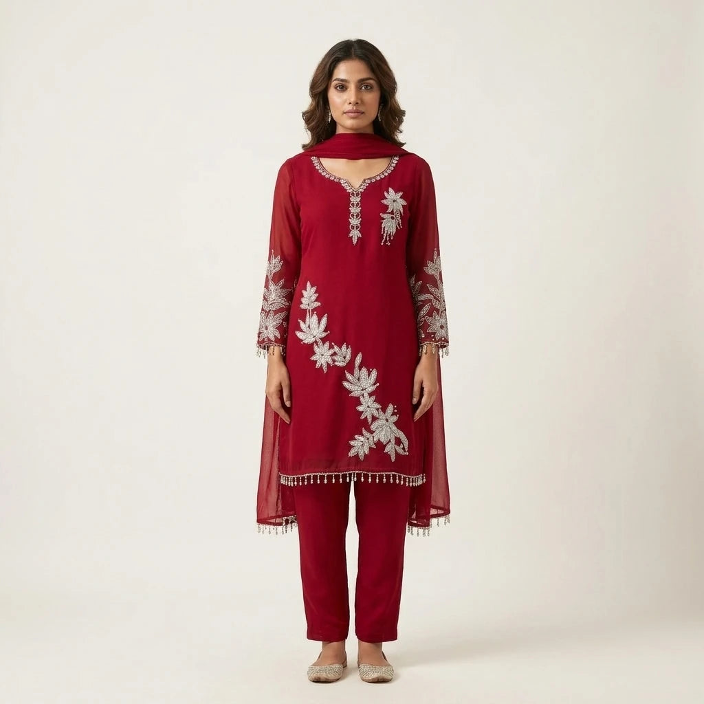Women's Red Georgette 3-Piece Kurthi Set - Size 40