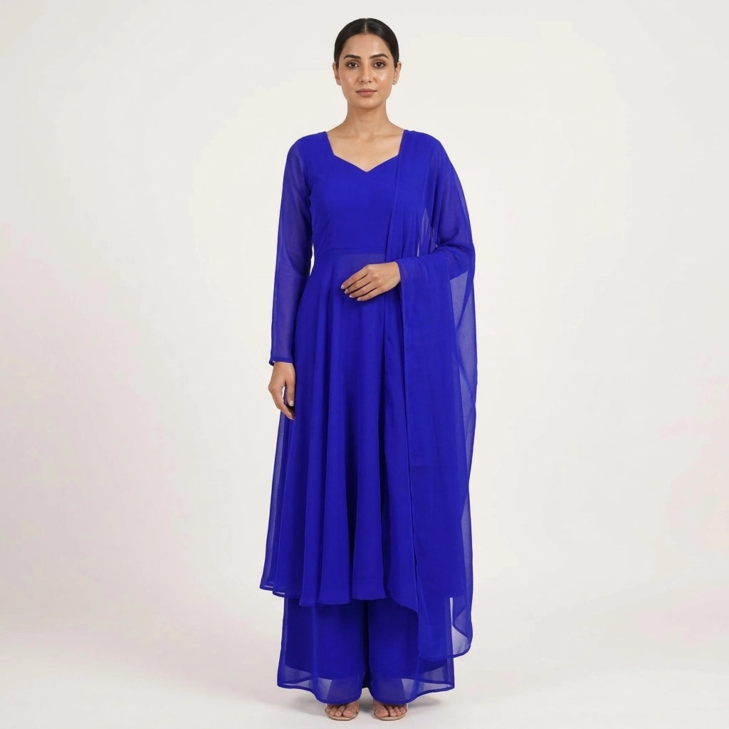 Blue Anarkali Gown Set with Palazzo & Dupatta