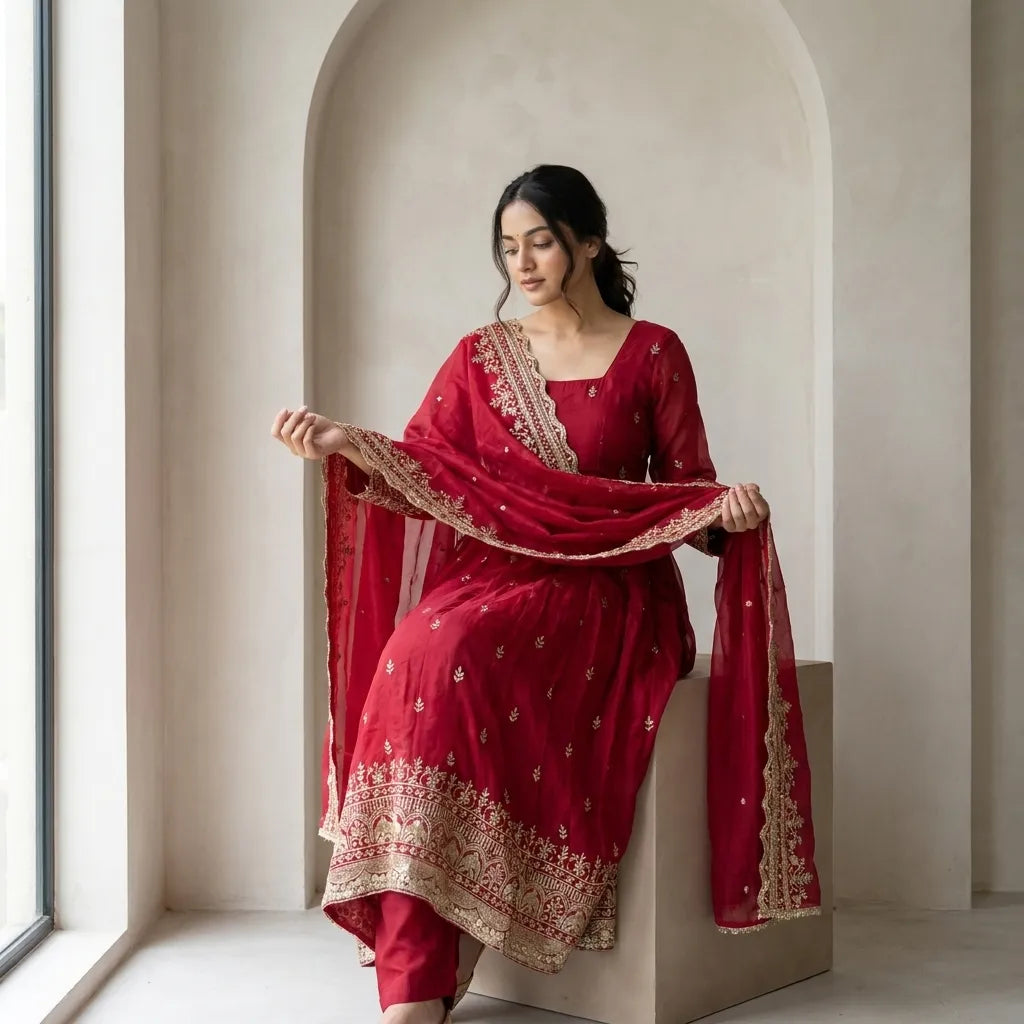 Rani Pink Embroidered Anarkali 3-Piece Kurti Set