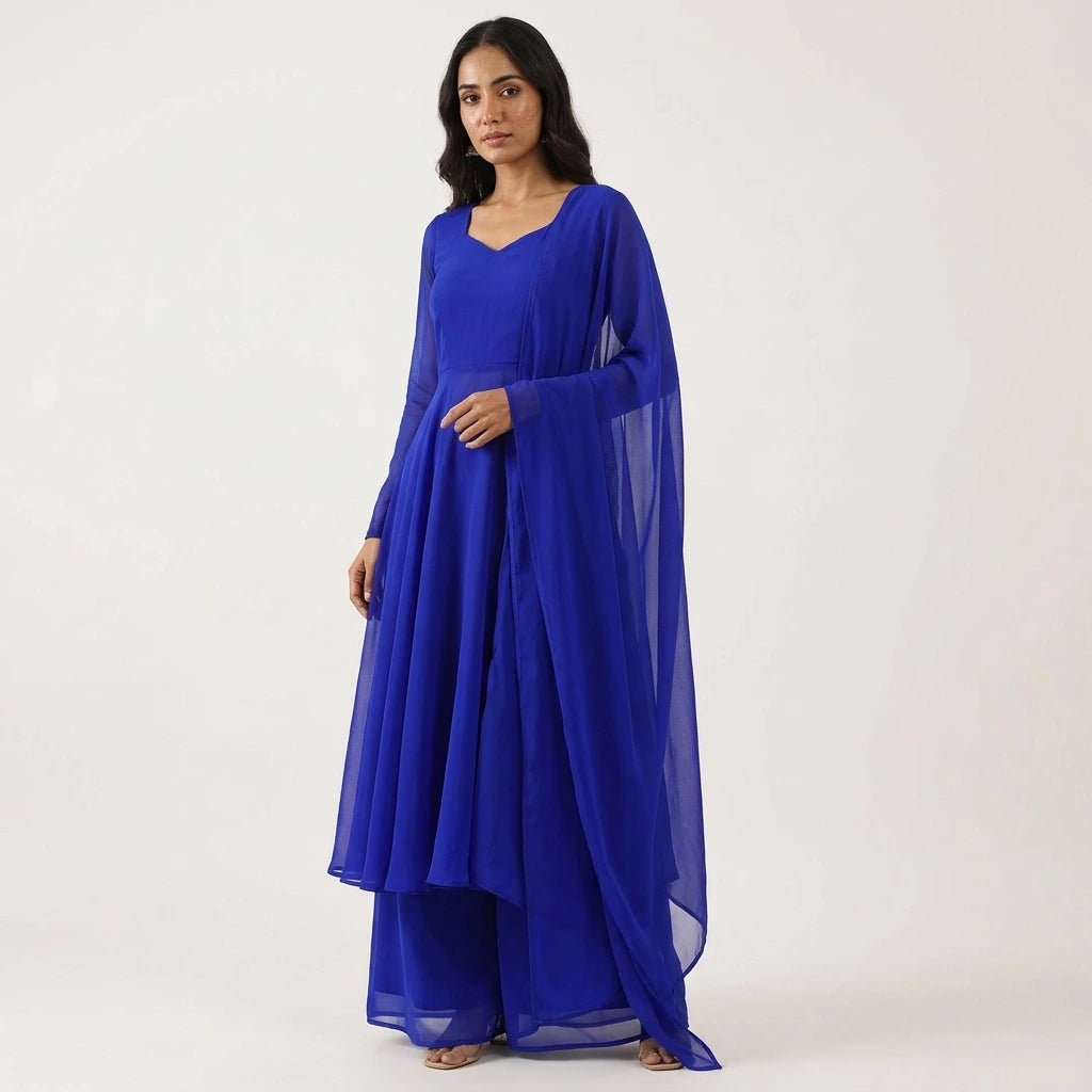 Blue Anarkali Gown Set with Palazzo & Dupatta