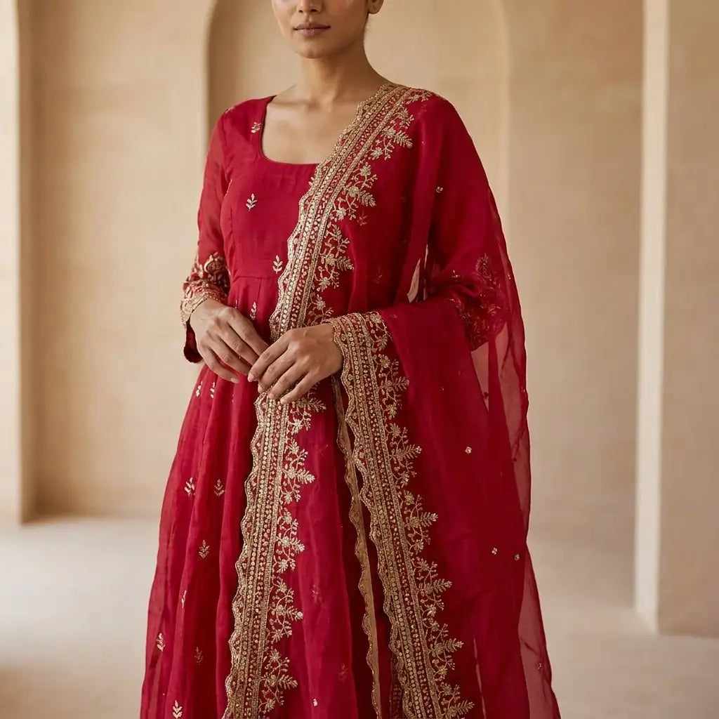 Rani Pink Embroidered Anarkali 3-Piece Kurti Set