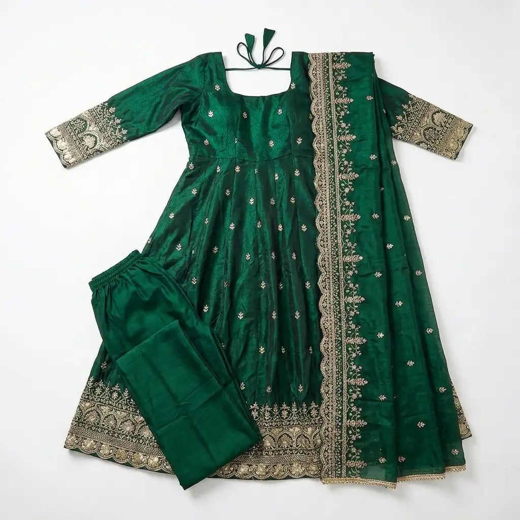 Royal Green Embroidered Anarkali 3-Piece Kurti Set