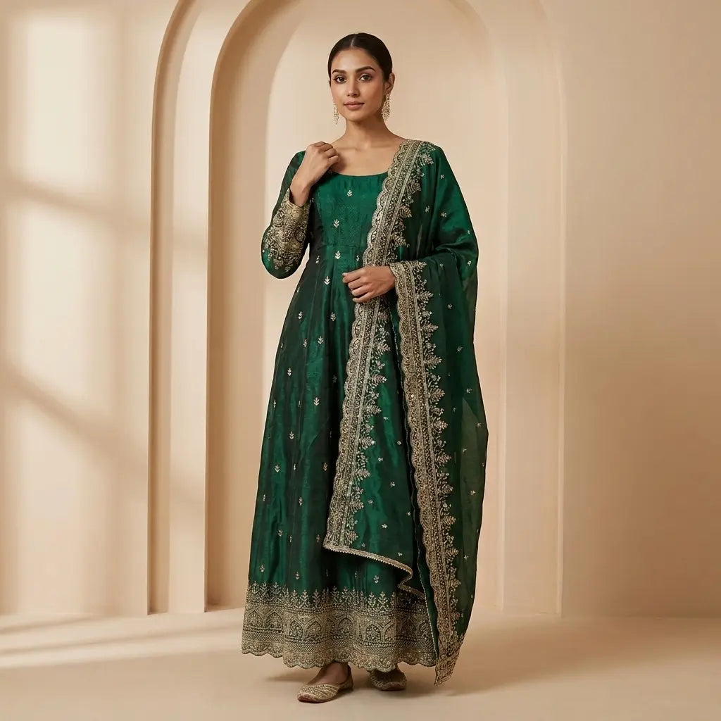 Royal Green Embroidered Anarkali 3-Piece Kurti Set