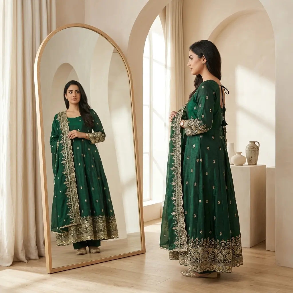 Royal Green Embroidered Anarkali 3-Piece Kurti Set