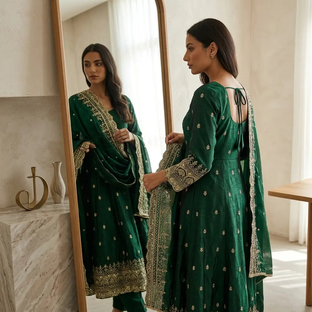 Royal Green Embroidered Anarkali 3-Piece Kurti Set