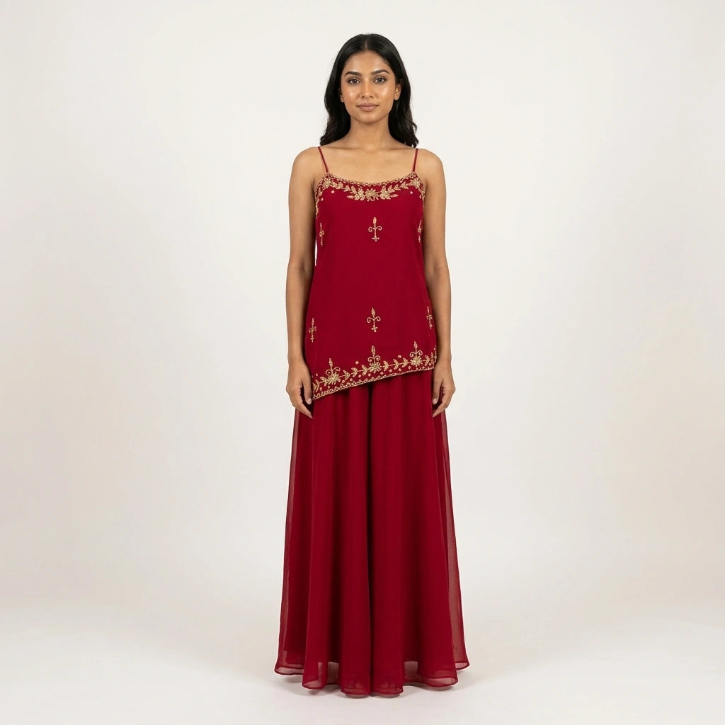 Red Handwork Embellished Short Kurti Set