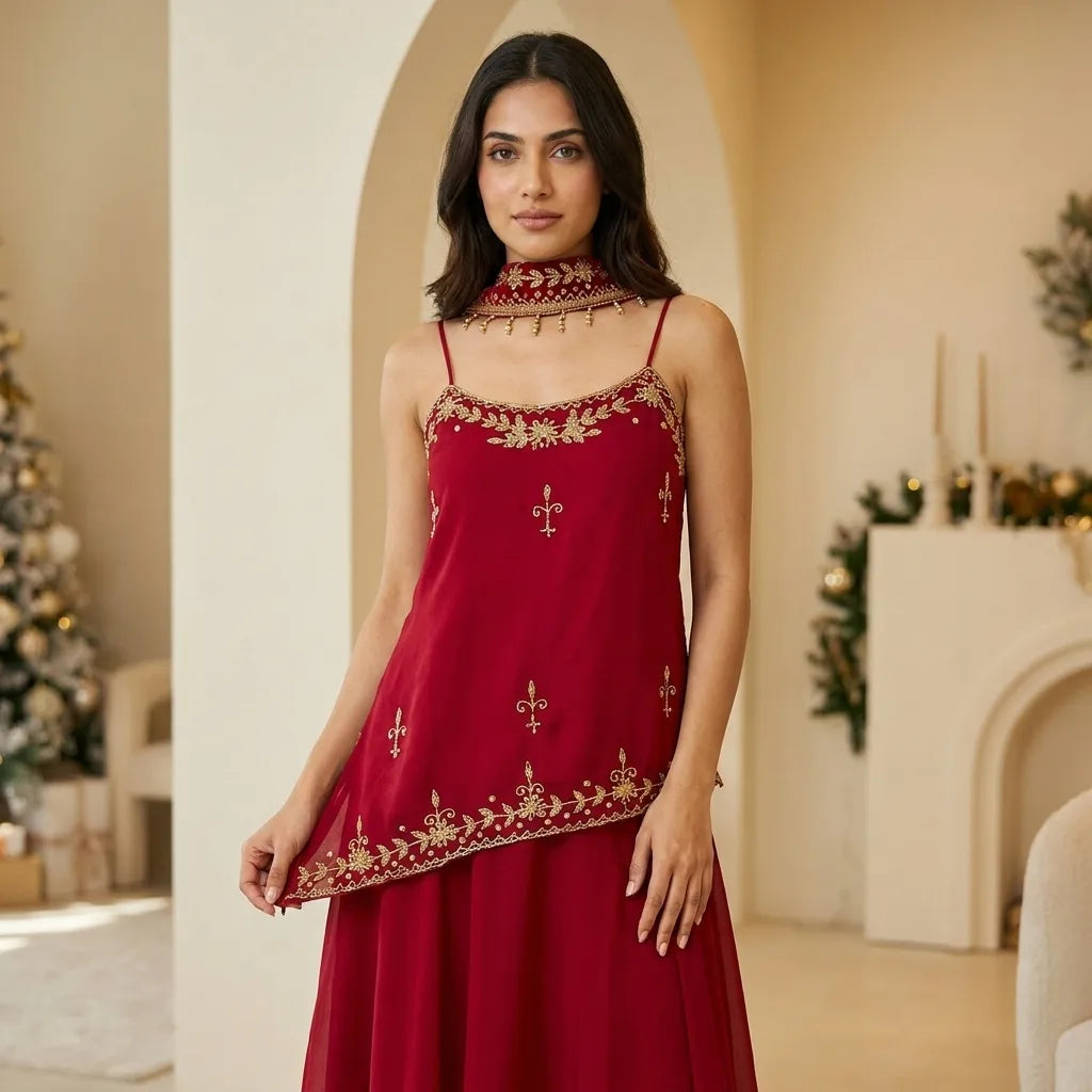 Red Handwork Embellished Short Kurti Set