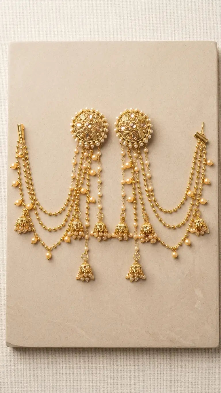 Bahubali Gold Pearl Chain Earrings