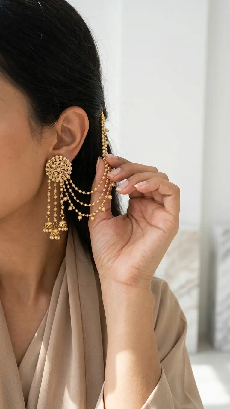 Bahubali Gold Pearl Chain Earrings