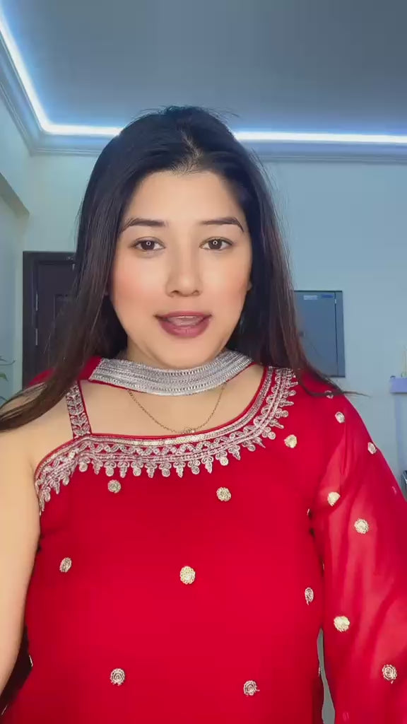 Red Georgette One-Shoulder Kurta and Sharara Set