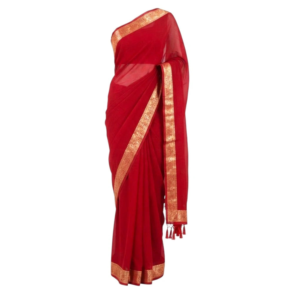 Festive Wear Solid Red Saree With Border