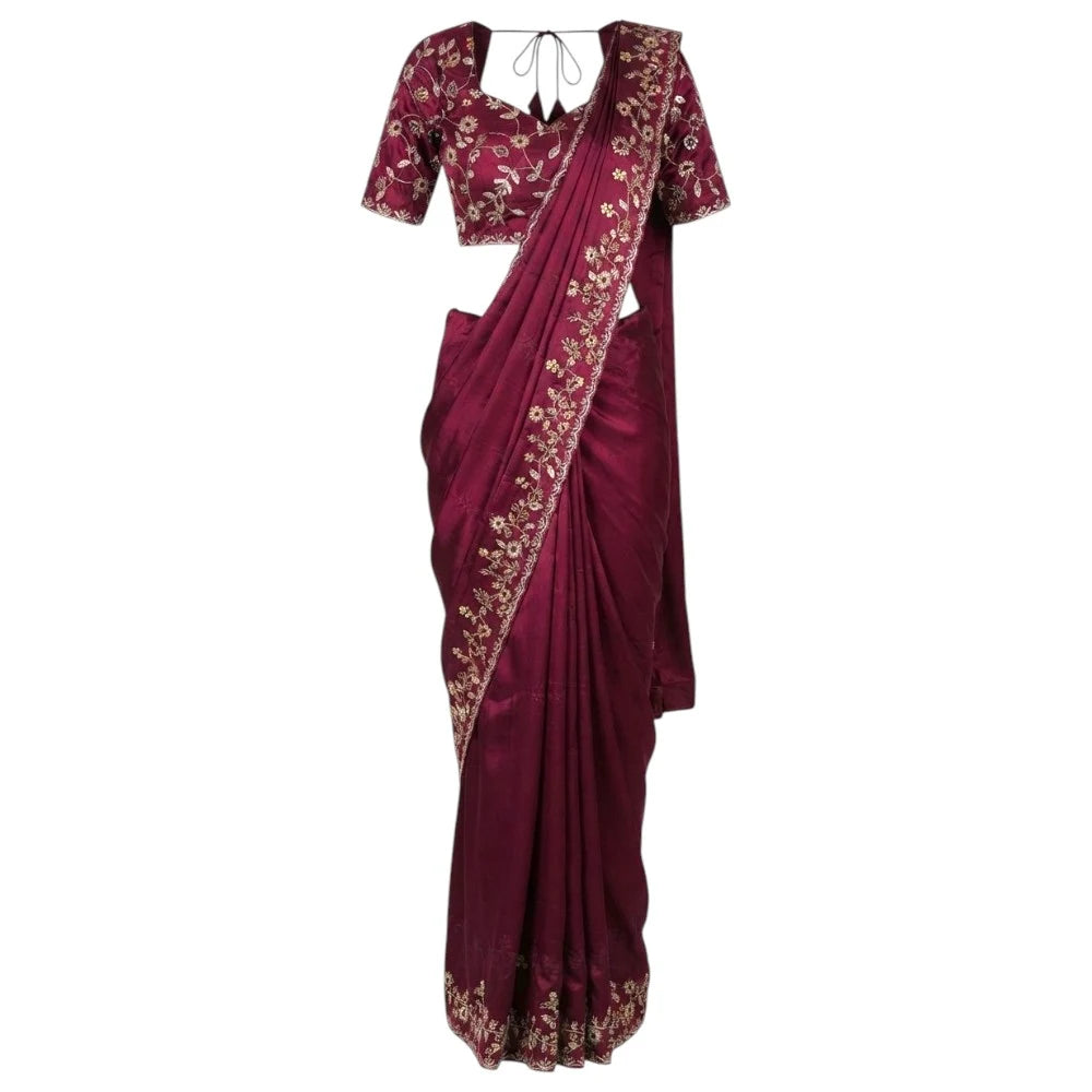 Wine Floral Threadwork Fendi Saree Set
