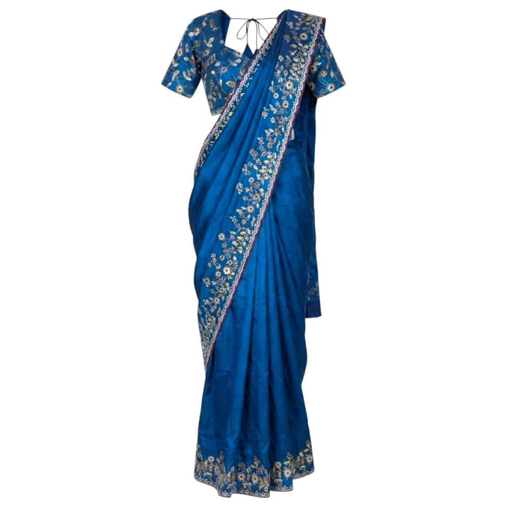Royal Blue Floral Threadwork Fendi Saree Set