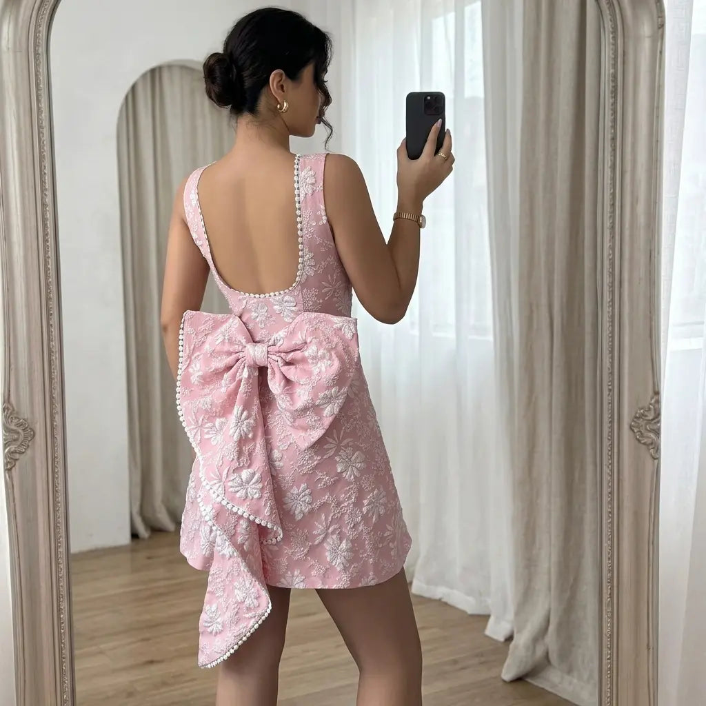 Women's Elegant U-Neck Backless Bow-Tied Short Dress