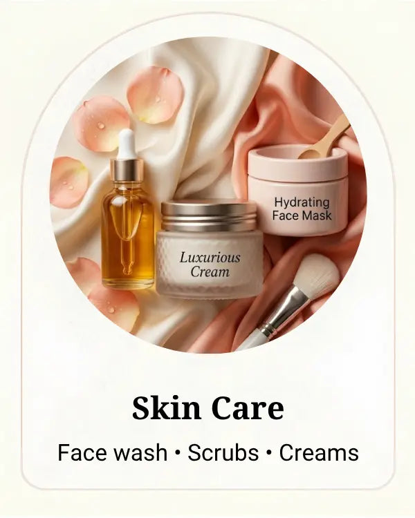 A skincare-themed graphic with a circular photo of cosmetic products on draped satin fabric and flower petals, plus text reading 'Skin Care' and 'Face wash • Scrubs • Creams'. The visible items include a dropper bottle, a jar labeled 'Luxurious Cream', and a cream container labeled 'Hydrating Face Mask'.