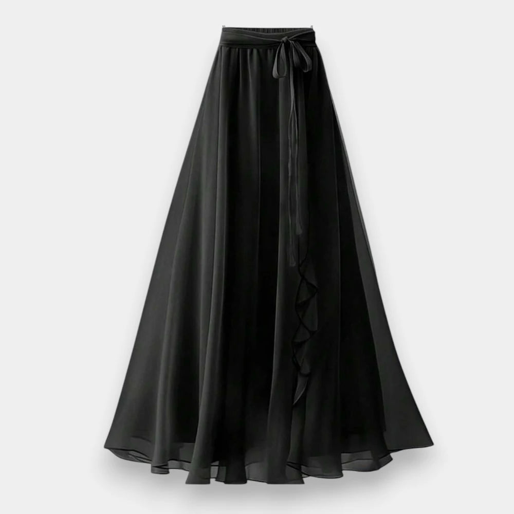 Black Ruffle Tie Waist Maxi A-Line Skirt – Elegant Solid Long Skirt for Women