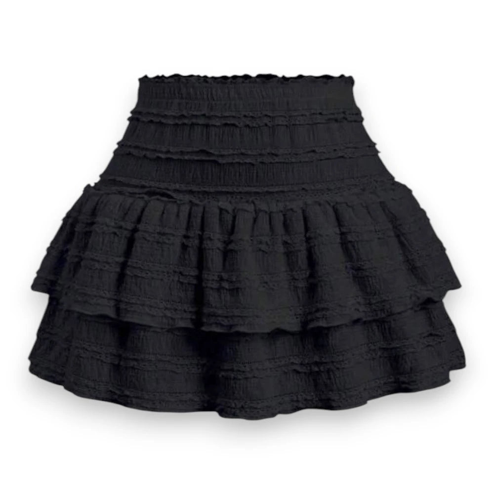 Black Smocked Tiered Ruffle Mini Skirt
