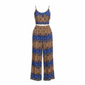 A two-piece jumpsuit set with a blue and brown patterned crop top and matching wide-leg pants, displayed on a solid white background.