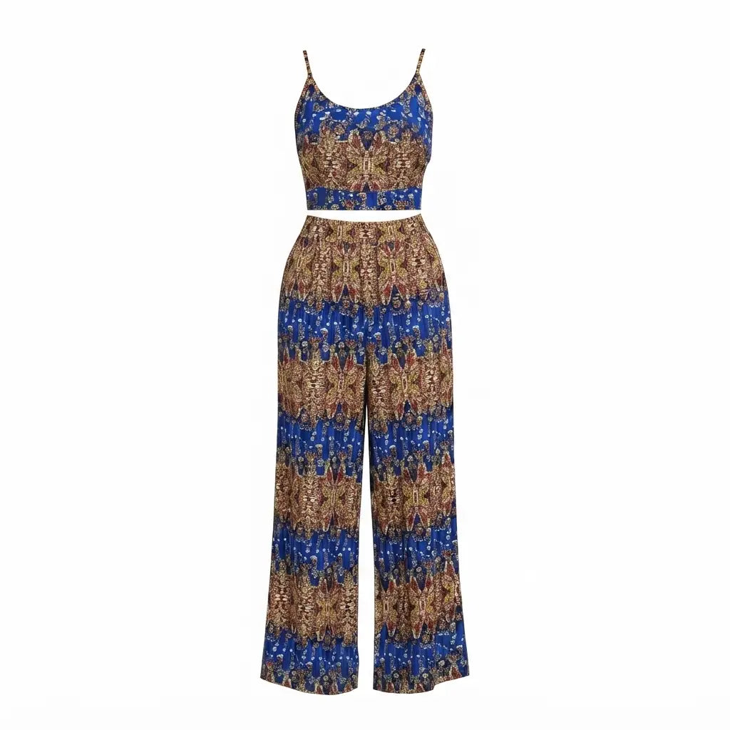 A two-piece jumpsuit set with a blue and brown patterned crop top and matching wide-leg pants, displayed on a solid white background.