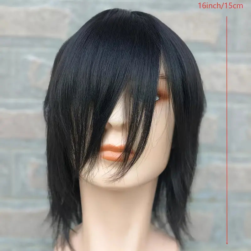 Pure Black Layered Choppy Hair Wig – Medium Length with Choppy Bangs for Cosplay